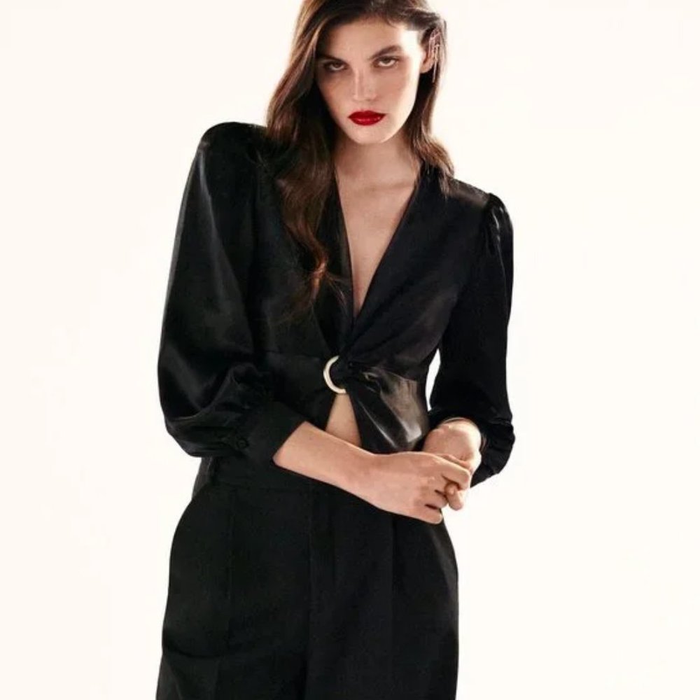 ZARA RING TRIM SATIN EFFECT TOP BLACK, SIZE XS